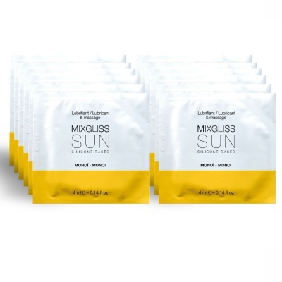 Pacotes individuais do lubrificante MIXGLISS SUN silicone baseado, amarelos e brancos