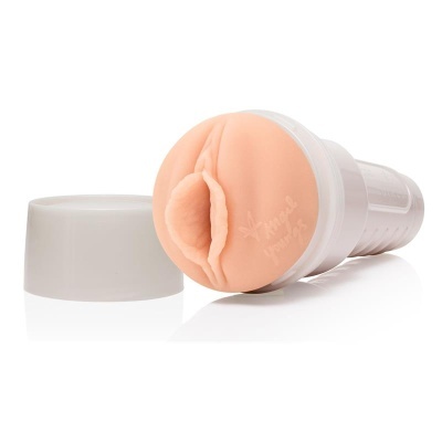 Produto sexual masculino azul com tampa branca e texto Angel Young