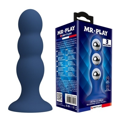 Plug anal azul com três bolas metálicas e embalagem azul