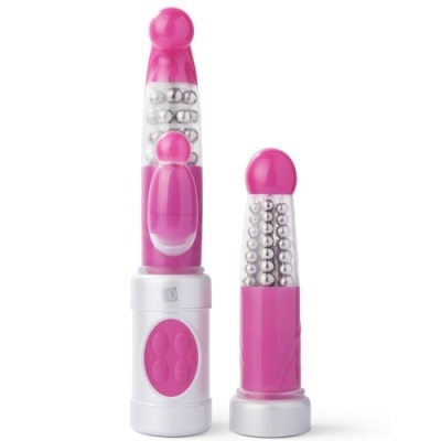Dois vibradores femininos rosa com esferas metálicas prateadas em fundo branco