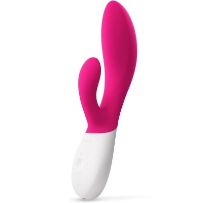 Vibrador rosa com base branca e botões para controlo