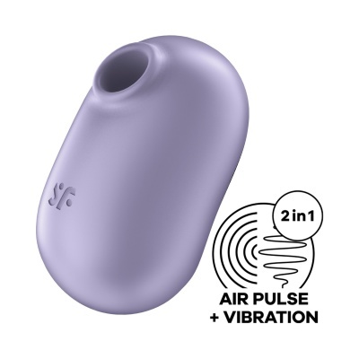 Dispositivo eletrônico lilás com logótipo S/F e texto 2 in 1 AIR PULSE + VIBRATION em fundo branco