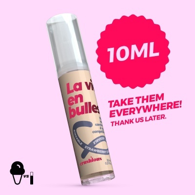 Frasco plástico com tampa transparente e rótulo bege com texto em vermelho e destaque 10ML em fundo rosa.