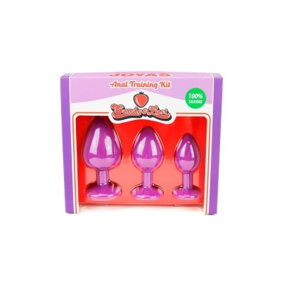 Conjunto de três plugs anais roxos em embalagem com texto e selo de silicone
