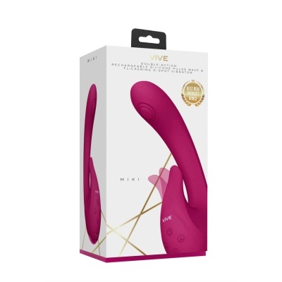 Embalaem de vibrador rosa em silicone VIVE MIKI com texto e detalhes dourados