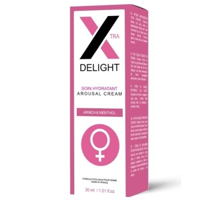 Caixa do creme Xtra Delight Soin Hydratant Arousal Cream rosa e branca com símbolo feminino e texto em francês e inglês