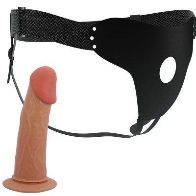 Cinta para prótese sexual preta com prótese em silicone cor pele