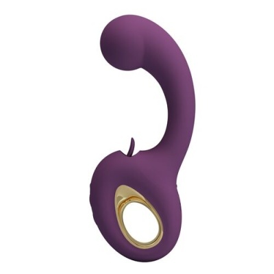 Vibrador roxo curvo com anel dourado na base em fundo branco