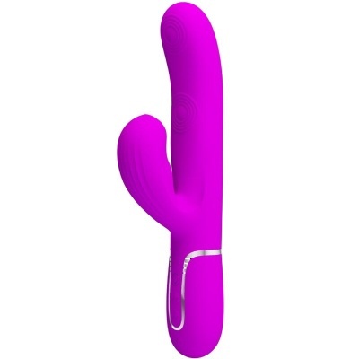 Vibrador cor-de-rosa com duas extremidades curvas e detalhes em linhas