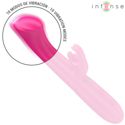 vibrador rosa com texto sobre modos de vibração e logótipo intense