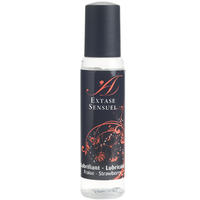 Frasco de lubrificante Extase Sensuel com rótulo preto e decoração laranja