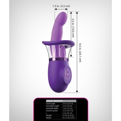 Vibrador roxo com controlador circular e dimensões detalhadas