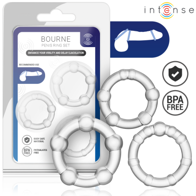 Conjunto de anéis penianos transparentes com embalagem e ícones de segurança