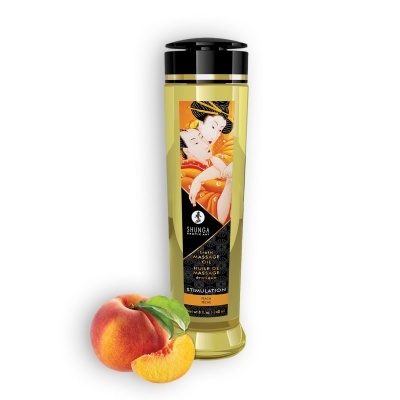 Frasco amarelo de óleo de massagem erótico SHUNGA com ilustração japonesa e um pêssego