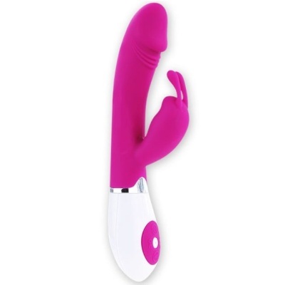 vibrador rosa com base branca e botão de controlo