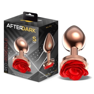 Plug anal ouro rosa com base em flor vermelha ao lado da caixa preta