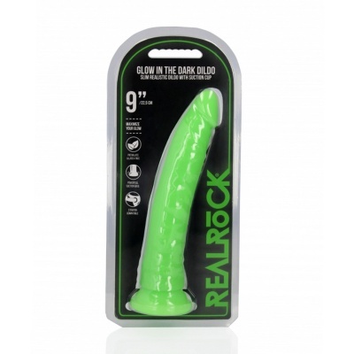 Dildo realista verde fluorescente com embalagem preta e texto GLOW IN THE DARK DILDO