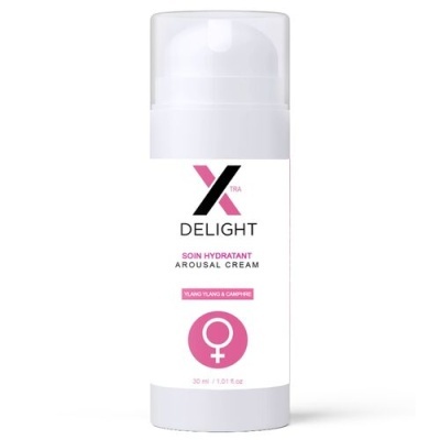 Frasco branco de creme hidratante Xtra Delight com tampa transparente e símbolo feminino rosa