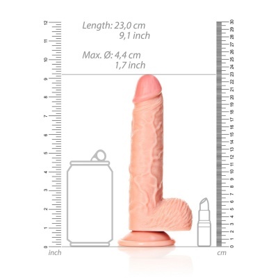 Dildo realista cor de pele com base de ventosa e medidas visíveis