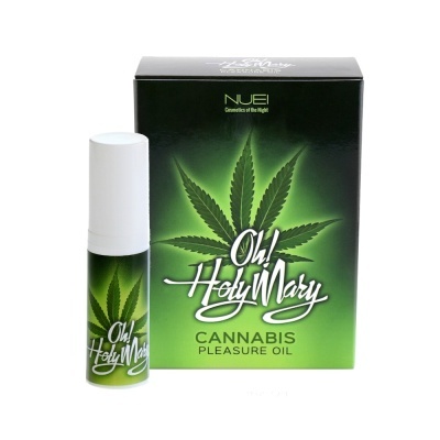 Frasco verde de óleo de cannabis e caixa com folha de cânhamo e texto Oh! Holy Mary.