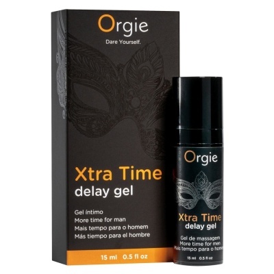 Gel íntimo Orgie Xtra Time delay gel em embalagem e frasco pretos com detalhes laranja e imagem de máscara