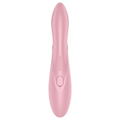 vibrador rosa de silicone com botão central e texto satisfyer