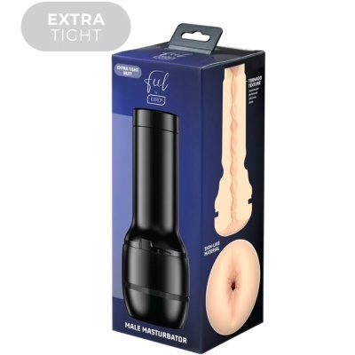 Embalagem de masturbador masculino preto com texto EXTRA TIGHT e imagens mostrando textura interna e material semelhante à pele.