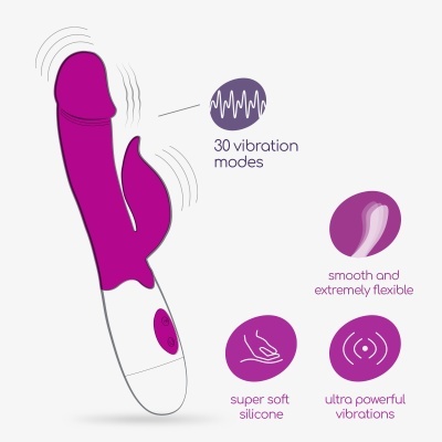 Vibrador roxo e branco com 30 modos de vibração e texto explicativo.