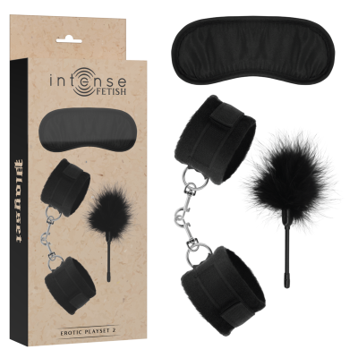 Conjunto erótico Intense Fetish com venda, algemas e abanador pretos