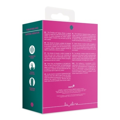 Embalagem rosa e verde de vibrador com texto sobre modos de vibração e funções, em várias línguas.