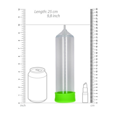 Recipiente cilíndrico transparente com base verde e escala métrica