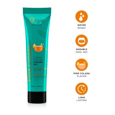 Gel íntimo Orgie Piña Colada em tubo verde-azulado com tampa preta e ícones laranja
