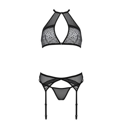 Conjunto de lingerie preto com renda e tule semitransparente