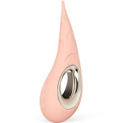 Produto em silicone cor de pele com detalhes dourados e botões de controlo