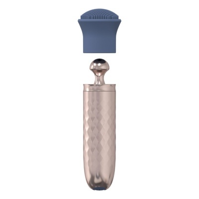 Dispositivo portátil metálico dourado rosa com peça superior azul texturizada