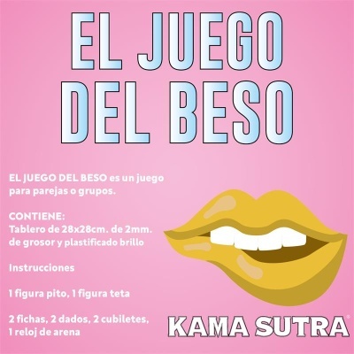Texto em espanhol sobre O JOGO DO BEIJO, detalhes do conteúdo e ilustração de lábios amarelos