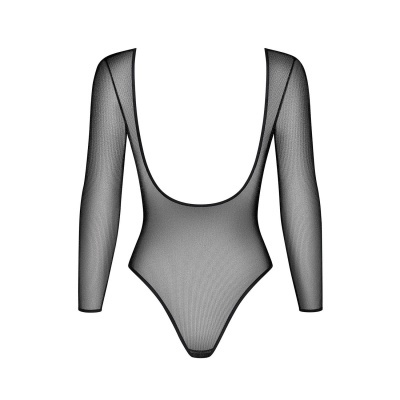 Body preto transparente de manga comprida e decote profundo
