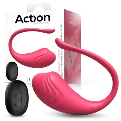 Produto erótico rosa com controlo remoto preto e embalagem branca e rosa com texto Actyon