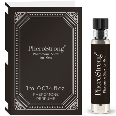 Perfume PheroStrong para homens em frasco transparente com rótulo preto e caixa preta decorativa.