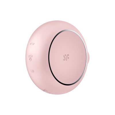 Dispositivo redondo cor-de-rosa com anel prateado e ícones laterais