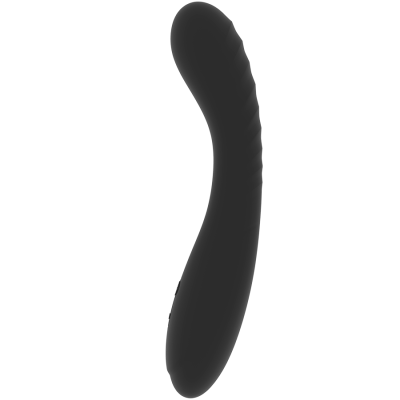 Vibrador preto curvo com textura ondulada numa parte