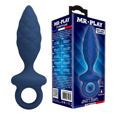 Plug anal azul escuro em silicone com argola base e caixa azul MR PLAY