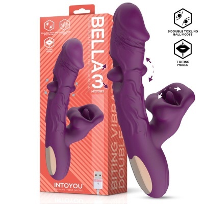 Vibrador roxo com duas extremidades e embalagem laranja com texto informativo