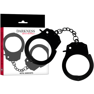Algemas metálicas pretas com corrente e embalagem com texto DARKNESS.
