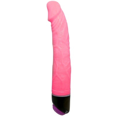 Vibrador cor de rosa com base preta e botão roxo