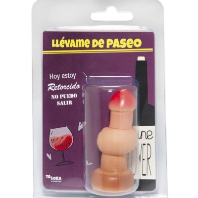 Produto silicone formato pênis cor pele com ponta vermelha em embalagem com ilustração de vinho e texto em espanhol