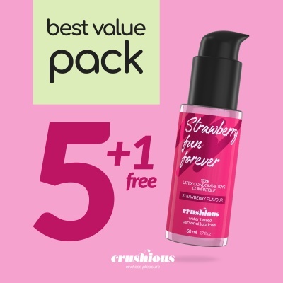 Frasco de lubrificante com texto promocional em fundo rosa e verde