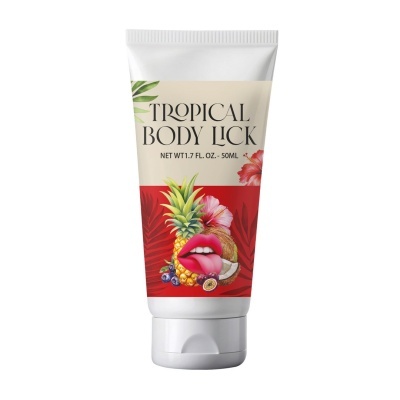 Frasco plástico branco TROPICAL BODY LICK com design de frutas tropicais e lábios com língua
