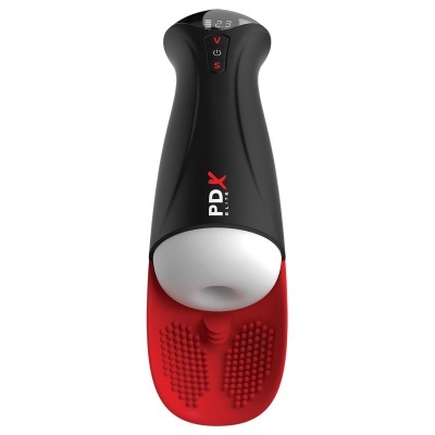 Dispositivo preto e vermelho com visor digital e base texturada vermelha.