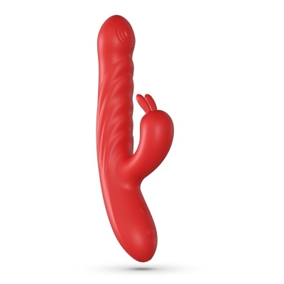 Vibrador vermelho em silicone com textura ondulada e parte secundária em forma de orelhas de coelho